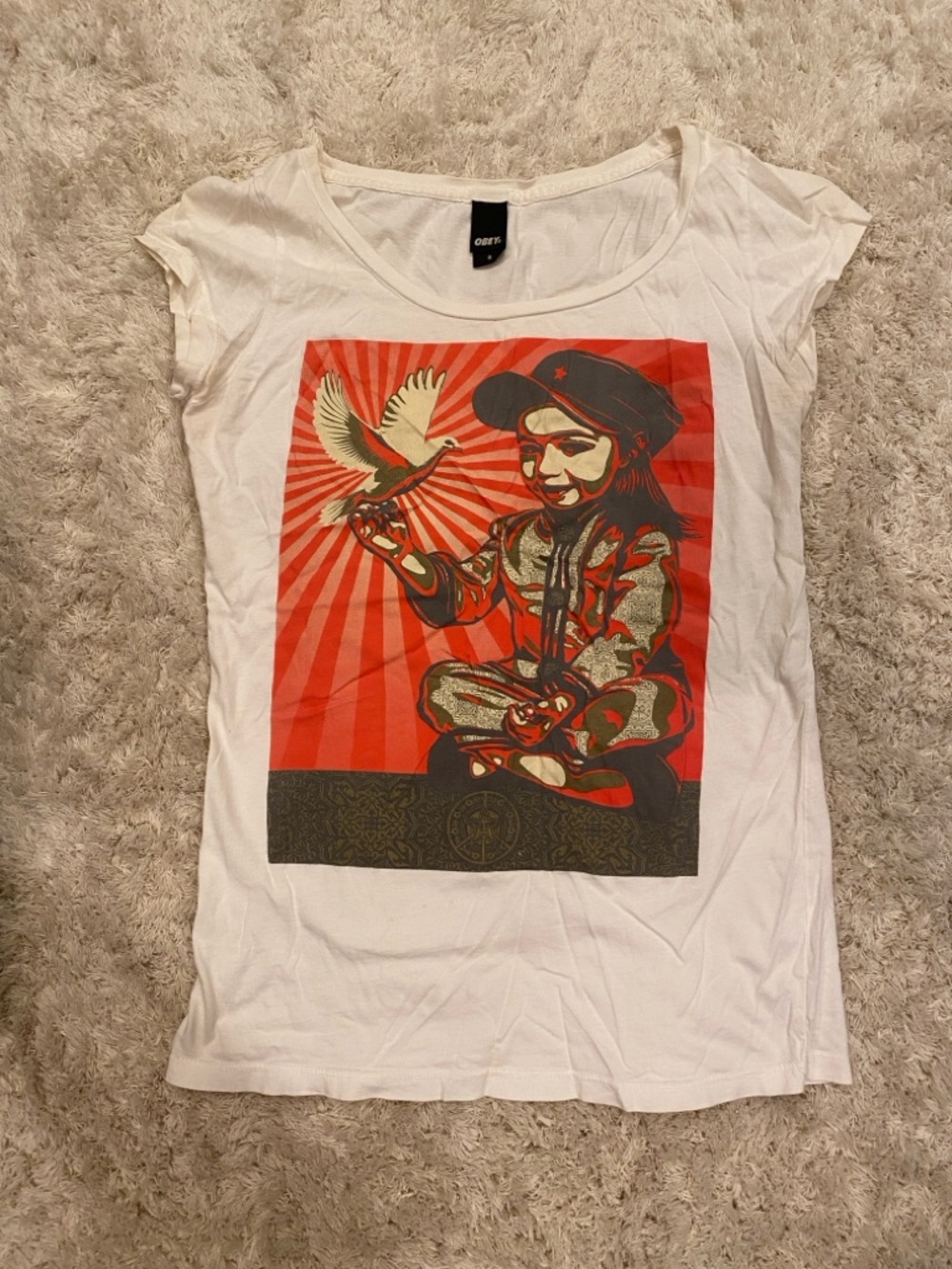 Obey White Tee with Red and Black/Grey/Olive Graphic Girl & Dove